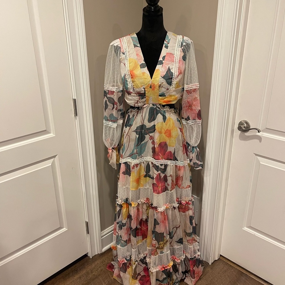 PatBO Multicolor Floral Maxi Dress with Sheer Sleeves - DERBY DRESS!!